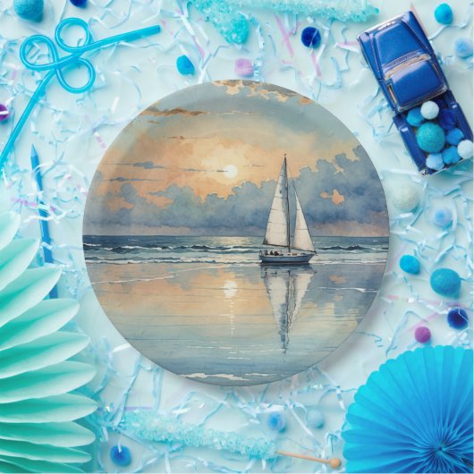 Waterverf zeilboot op oceaan schilderen papieren bordje (Feest)