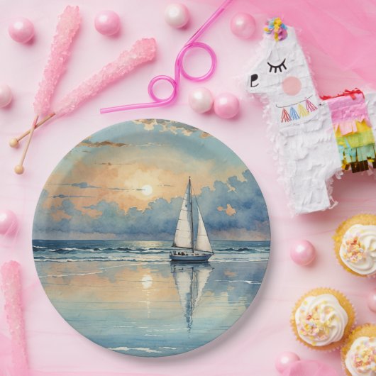 Waterverf zeilboot op oceaan schilderen papieren bordje (Feest)
