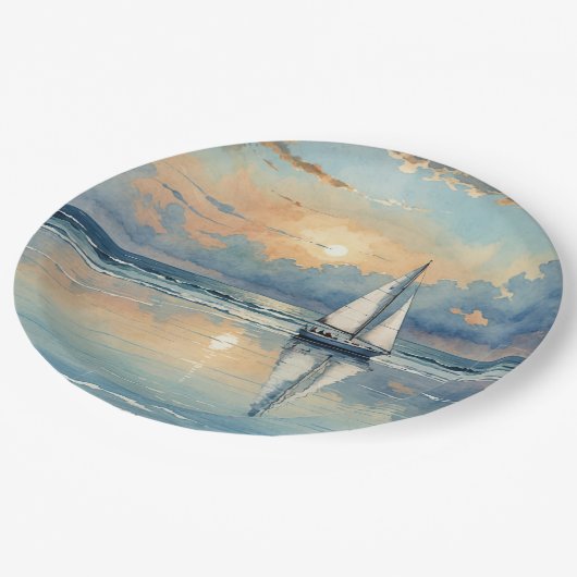 Waterverf zeilboot op oceaan schilderen papieren bordje (Gekanteld)