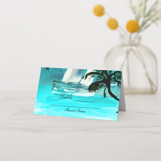 Waterverf Zeilboot Palm Trees String Lights Tafel Plaatskaartje (Achterkant)