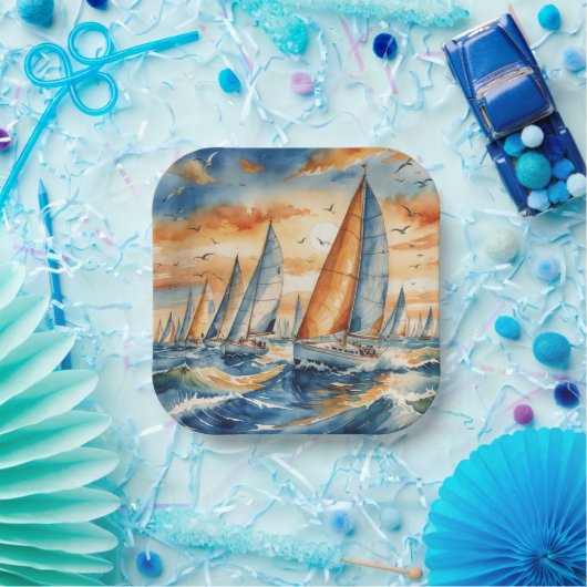 Waterverf zeilboot regatta papieren bordje (Feest)