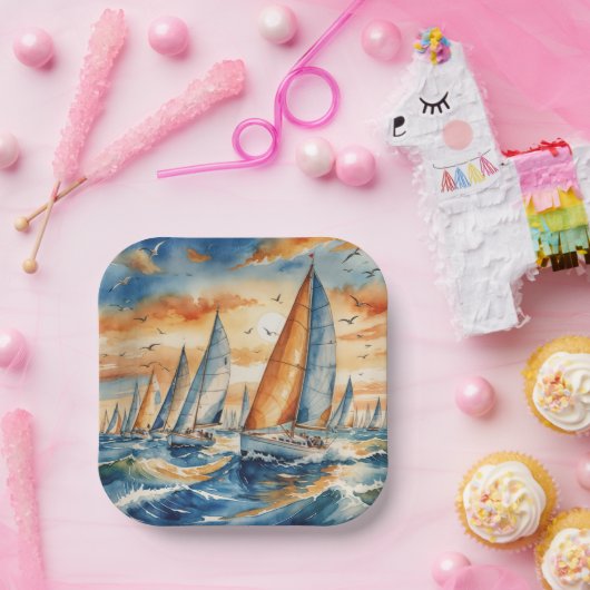 Waterverf zeilboot regatta papieren bordje (Feest)