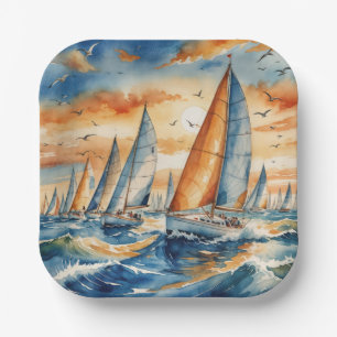 Waterverf zeilboot regatta papieren bordje
