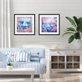 Waterverf Zeilboot Roze Tropisch Plein Poster