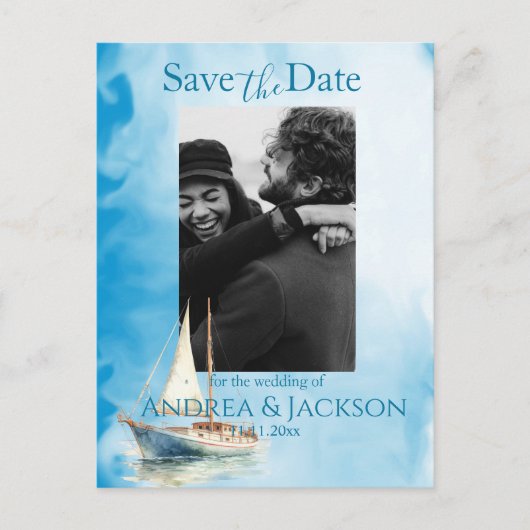 Waterverf Zeilboot Save the Date Foto Briefkaart (Voorkant)