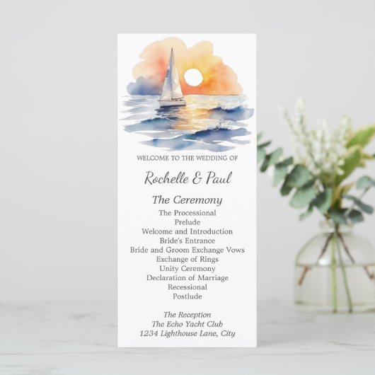 Waterverf zeilboot zonsondergang zeegezicht bruilo (Staand voorkant)