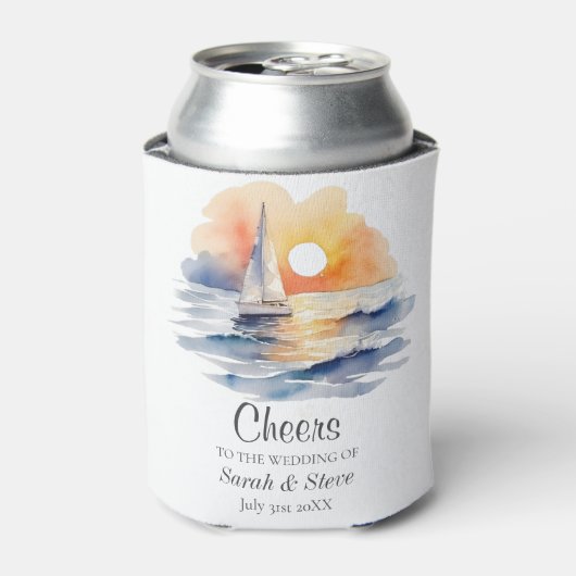 Waterverf zeilboot zonsondergang zeegezicht bruilo blikjeskoeler (Blikje Voorkant)