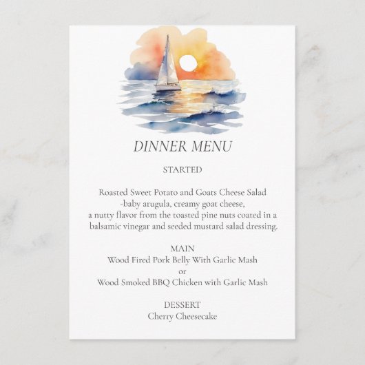 Waterverf zeilboot zonsondergang zeegezicht bruilo menu (Voorkant)