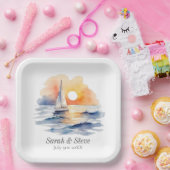 Waterverf zeilboot zonsondergang zeegezicht bruilo papieren bordje (Feest)