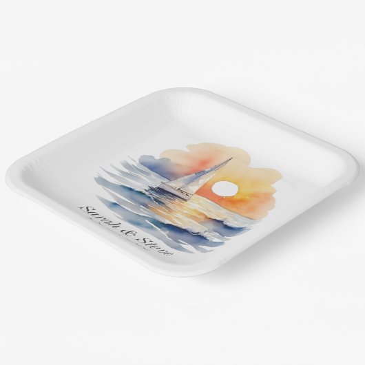 Waterverf zeilboot zonsondergang zeegezicht bruilo papieren bordje (Gebogen)