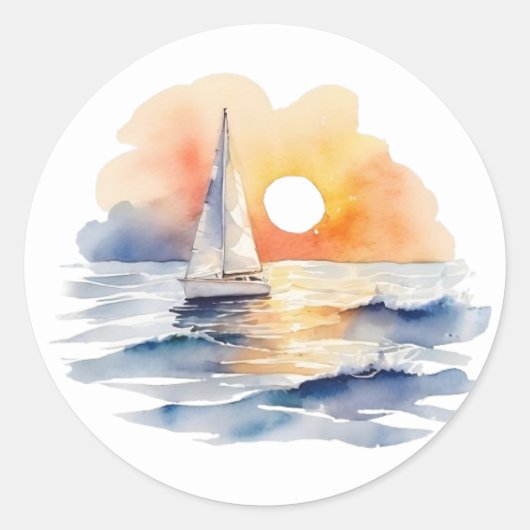Waterverf zeilboot zonsondergang zeegezicht bruilo ronde sticker (Voorkant)