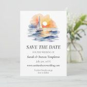 Waterverf zeilboot zonsondergang zeegezicht bruilo save the date (Staand voorkant)