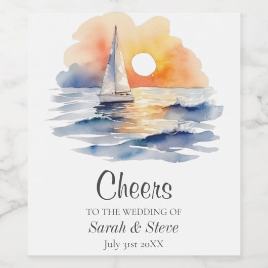 Waterverf zeilboot zonsondergang zeegezicht bruilo wijn etiket (Enkel label)