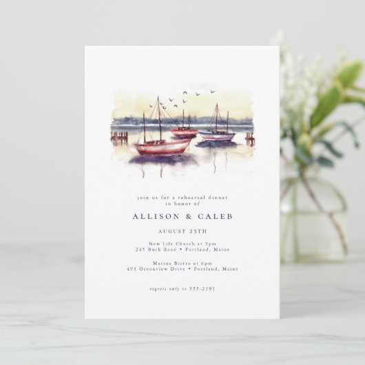 Waterverf Zeilboten Harbor Ocean Rehearsal Dinner Kaart (Staand voorkant)