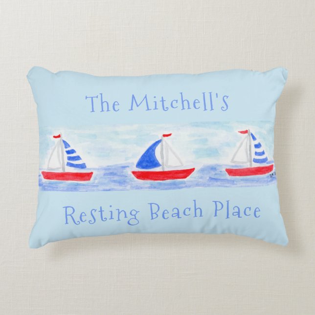 Waterverf Zeilboten Resting Beach Place Accent Kussen (Voorkant)