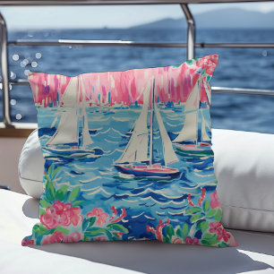 Waterverf Zeilboten Roze Bloemige Preppy Kust Kussen