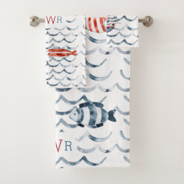 Waterverf zeiler rood en blauw triple monogram bad handdoek