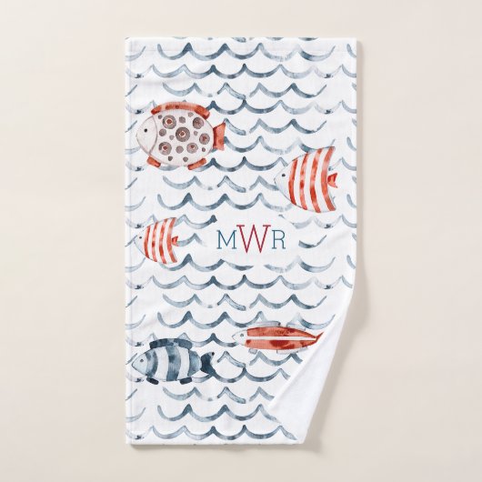 Waterverf zeiler rood en blauw triple monogram bad handdoek (Handdoek)