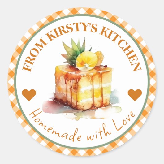 Waterverf zelfgemaakte Gingham Ananas Cake Label (Voorkant)