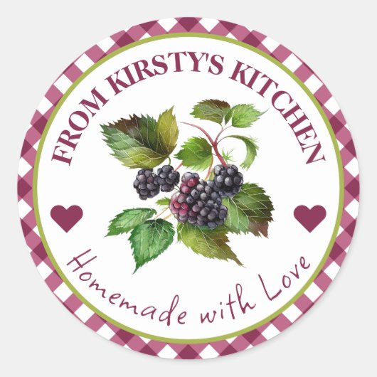 Waterverf Zelfgemaakte Gingham Blackberry Jam Labe Ronde Sticker (Voorkant)