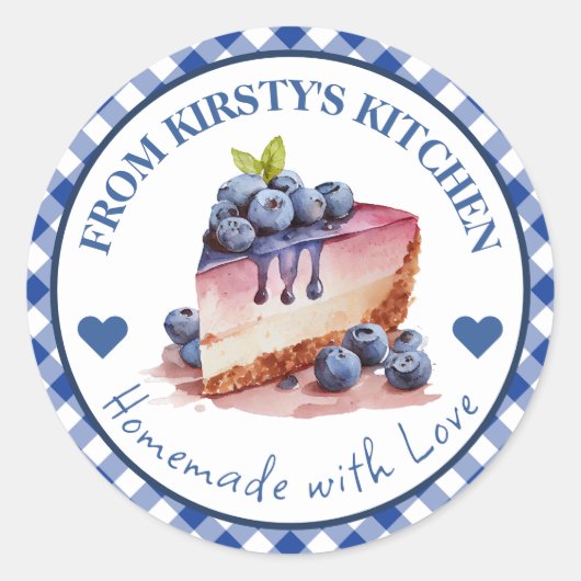 Waterverf Zelfgemaakte Gingham Blueberry Cake Labe Ronde Sticker (Voorkant)