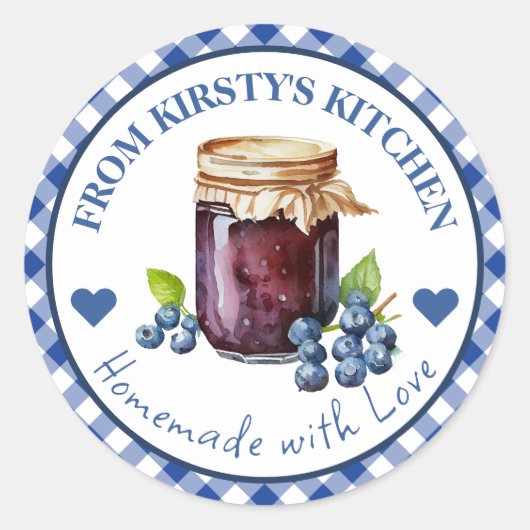 Waterverf Zelfgemaakte Gingham Blueberry Jam Label (Voorkant)