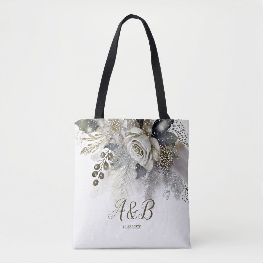 Waterverf Zilver Gouden Witte Rozen Bloemen Tote Bag (Voorkant)