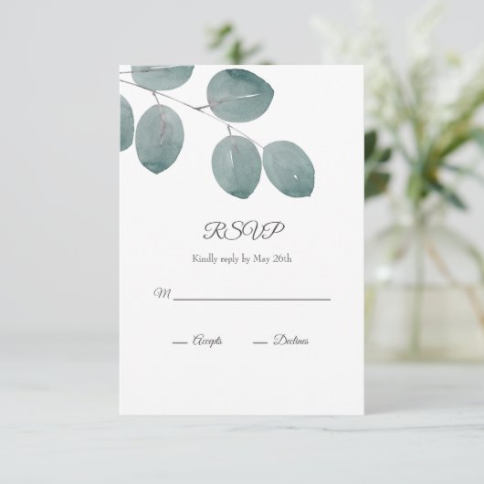 Waterverf Zilveren Dollar Eucalyptus Leaves RSVP Kaartje (Staand voorkant)