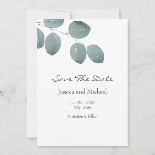 Waterverf Zilveren Dollar Eucalyptus Leaves Save The Date (Voorkant)