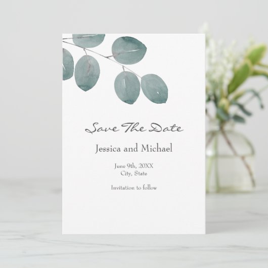 Waterverf Zilveren Dollar Eucalyptus Leaves Save The Date (Staand voorkant)