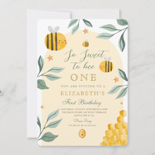 Waterverf Zo Zoet om bijenhoning 1e Verjaardag Kaart (Voorkant)