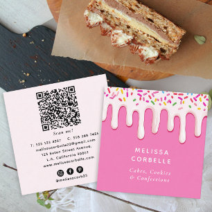 Waterverf Zoete Crème Druppels Roze QR Code Bakker Vierkante Visitekaartje