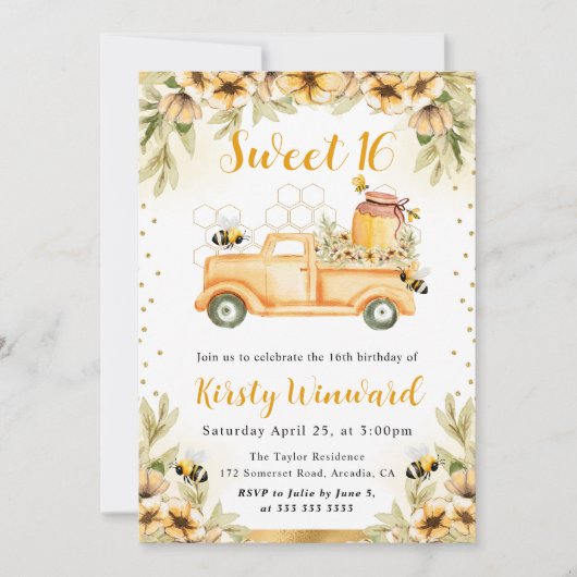Waterverf Zomer Bee Truck & Zonnebloemen Sweet 16 Kaart (Voorkant)