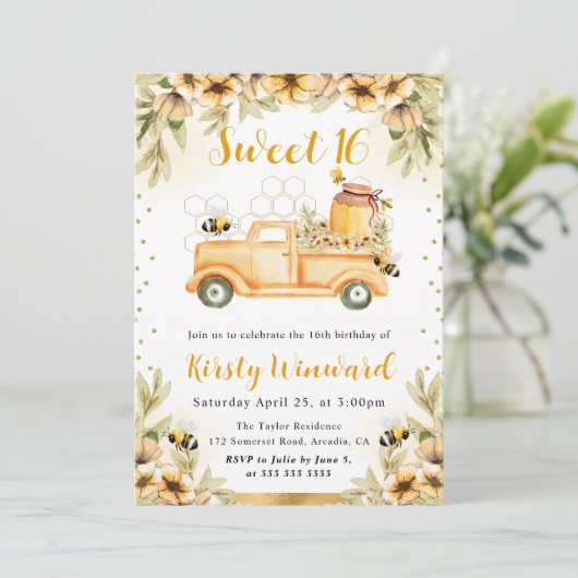Waterverf Zomer Bee Truck & Zonnebloemen Sweet 16 Kaart (Staand voorkant)
