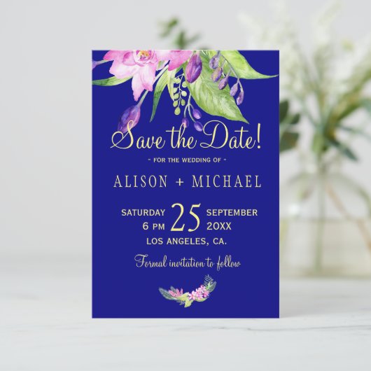 Waterverf zomer bloemenpruim marine bruiloft save the date (Staand voorkant)