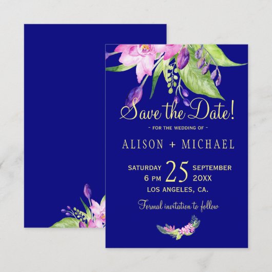 Waterverf zomer bloemenpruim marine bruiloft save the date (Voorkant / Achterkant)