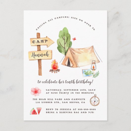 Waterverf Zomer Camping Girls Birthday Uitnodiging Briefkaart (Voorkant)