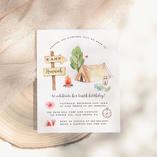 Waterverf Zomer Camping Girls Birthday Uitnodiging Briefkaart