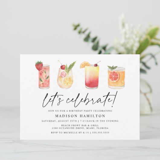 Waterverf Zomer Cocktails Verjaardagsfeestje Kaart (Staand voorkant)