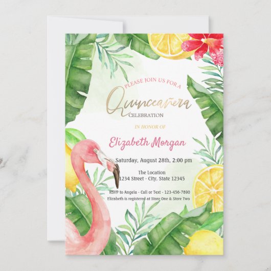 Waterverf Zomer Flamingo Quinceanera Kaart (Voorkant)