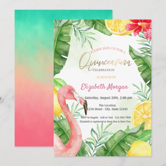 Waterverf Zomer Flamingo Quinceanera Kaart (Voorkant / Achterkant)
