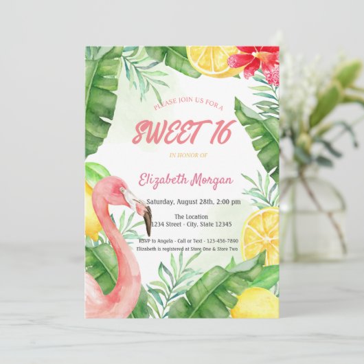 Waterverf Zomer Flamingo Sweet 16 Kaart (Staand voorkant)