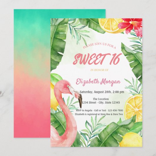 Waterverf Zomer Flamingo Sweet 16 Kaart (Voorkant / Achterkant)