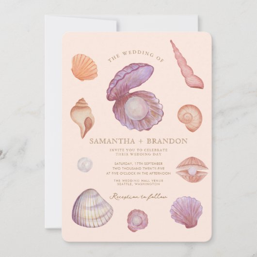 Waterverf zomer oceaan zeeschelp parel bruiloft kaart (Voorkant)