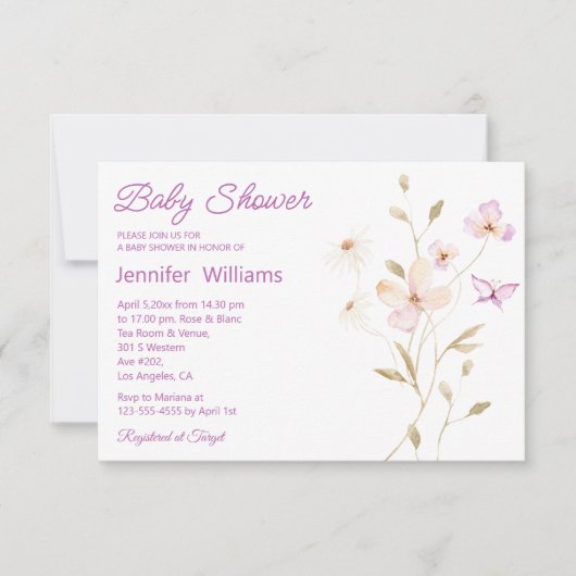 waterverf Zomer Roze Bloemen Meisje baby shower Kaart (Voorkant)