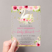 Waterverf Zomer Roze Bloemen Zwaan Baby shower Acryl Uitnodigingen (Insitu (Draagbaar))