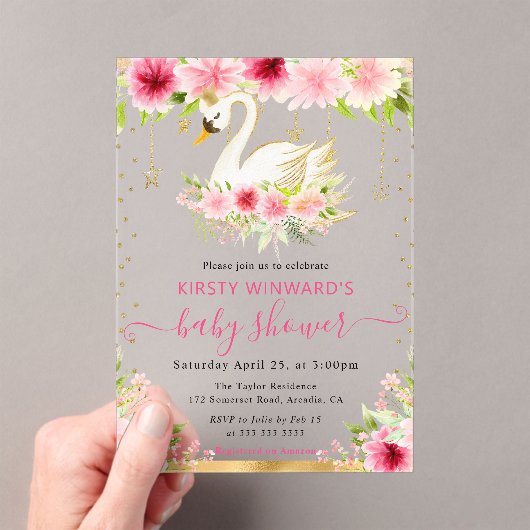 Waterverf Zomer Roze Bloemen Zwaan Baby shower Acryl Uitnodigingen (Insitu (Draagbaar))