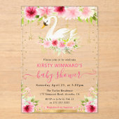 Waterverf Zomer Roze Bloemen Zwaan Baby shower Acryl Uitnodigingen (Voorkant)