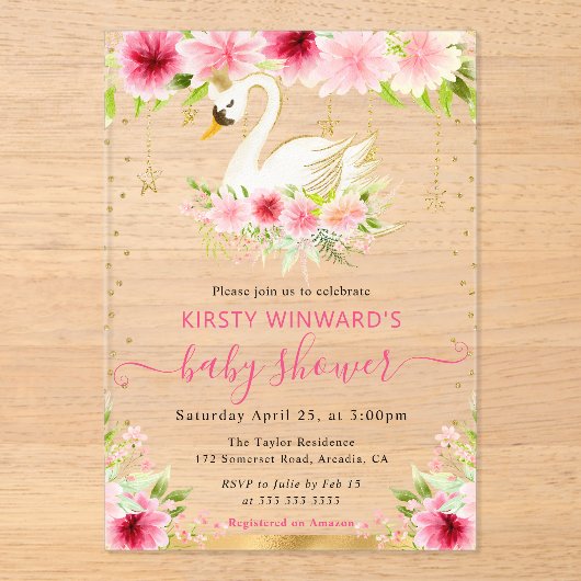 Waterverf Zomer Roze Bloemen Zwaan Baby shower Acryl Uitnodigingen (Voorkant)