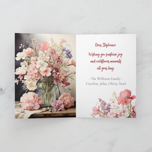 Waterverf Zomer Roze Boeket Verjaardag Kaart (Binnen)